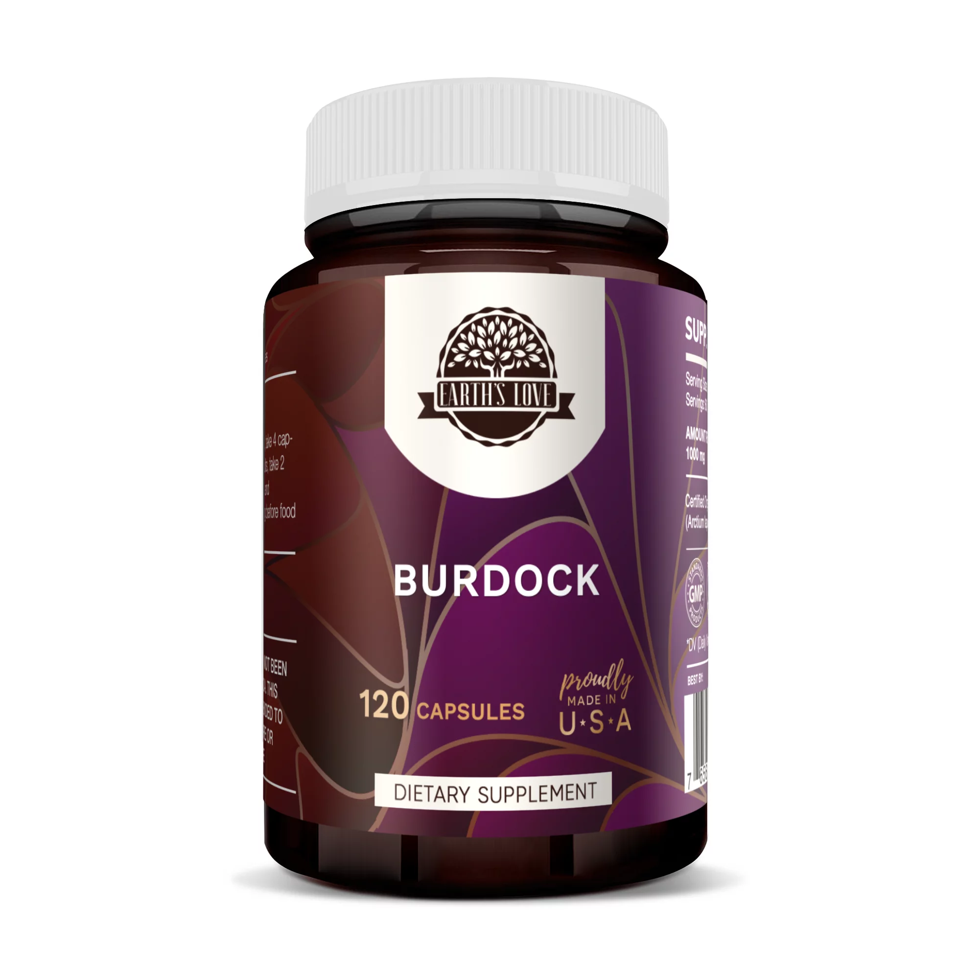 Earth's Love Burdock 120 Capsules, 500 mg, Organic Burdock (Arctium Lappa) Dried&nbsp; Root