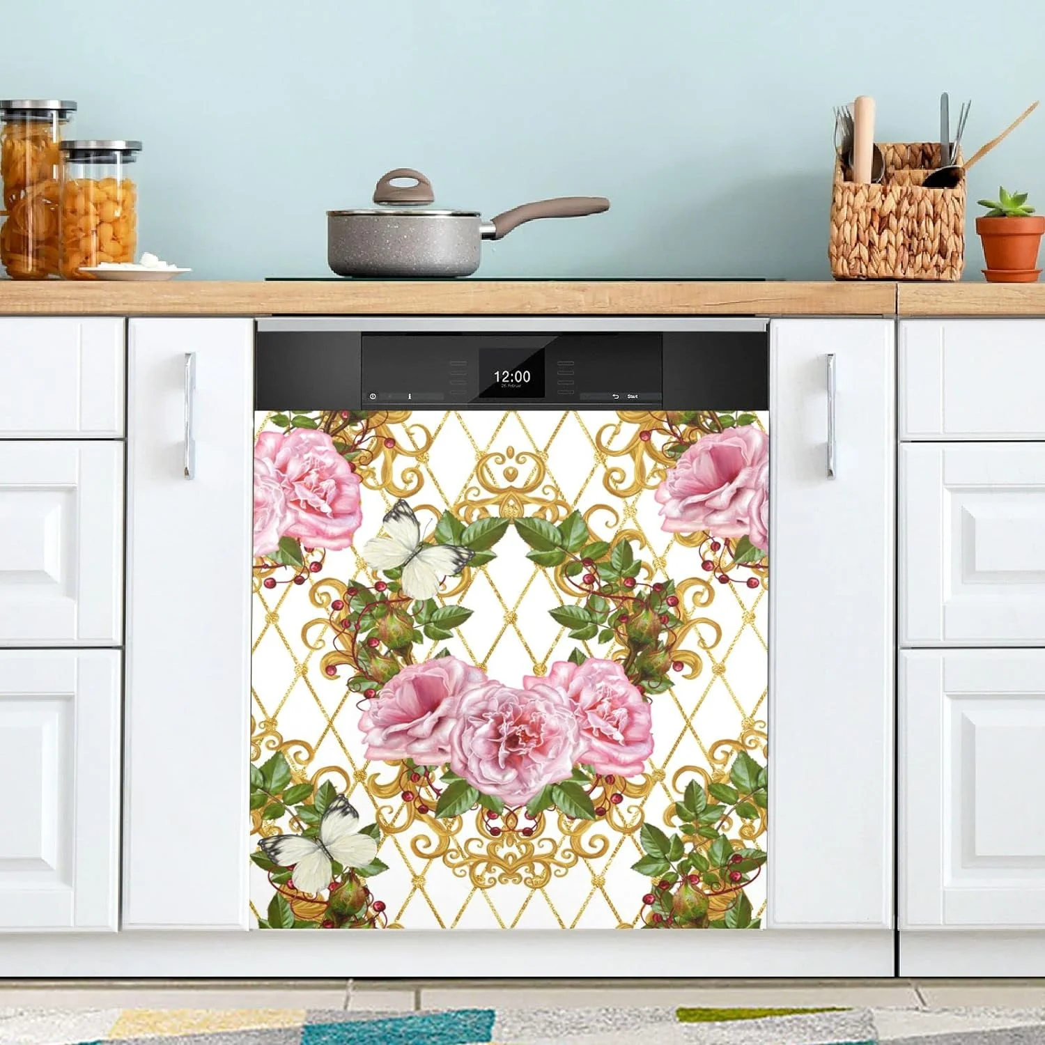 GZHJMY Dishwasher Magnet Cover Vintage Gold Pink Rose Leaves Magnetic Dish Washer Door Panel Cover Sticker Refrigerator Magnet Decal Appliances Stickers for Home Kitchen Home Decor