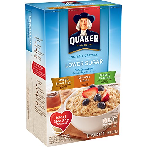 Quaker Instant Oatmeal Lower Sugar, Flavor Variety Pack, 10 Count Boxes, 11.5 Ounce, (Pack of 4)
