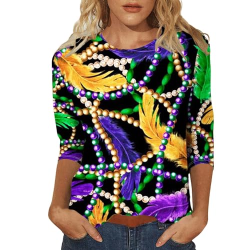Mardi Gras Outfit for Women 2024 Crew Neck Top Mardi Gras Shirts Short Sleeve Tops for Women Long Sleeve Shirts for