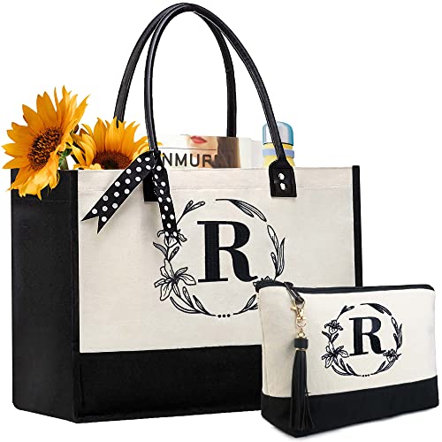 BeeGreen Mother's Day Gifts Personalized Women's Large White and Black Canvas Tote Bag, Embroidered Initials, Leather Handle, Zipper Closure
