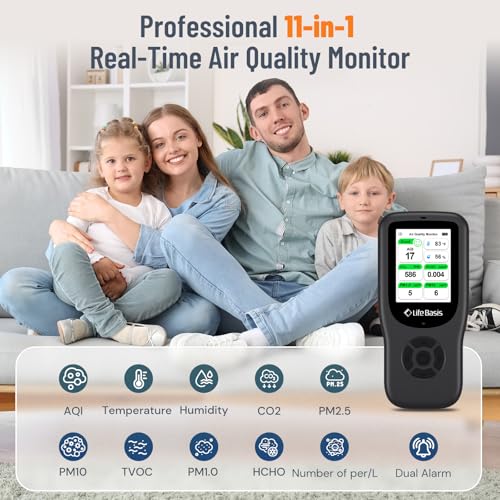 LifeBasis Air Quality Monitor Indoor, 11-in-1 Air Quality Detector with Stand, Real-Time Air Meter Test AQI, PM1.0, PM2.5, PM10, CO2, TVOC, HCHO, Particles, Temperature and Humidity, Dual Alert -Black