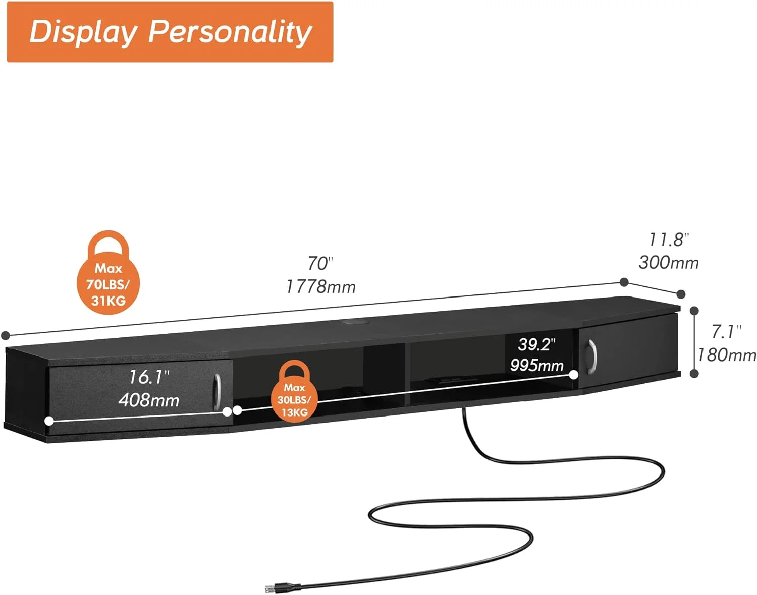 Floating TV Stand with Cabinet, Wall Mounted TV Shelf with Door Media Console Entertainment Center Under TV Floating Cabinet Desk Storage Hutch for Home and Office,70''