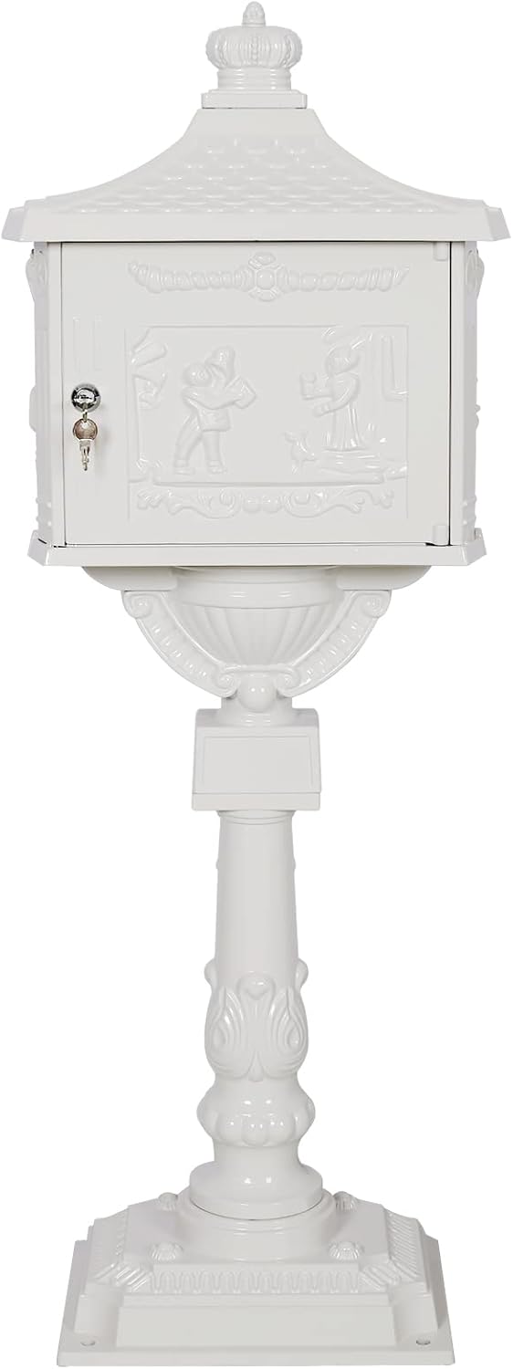 Cast Aluminum Vintage Mailbox with Post,Freestanding Mail Boxes for Outside,Postal Box with Locking Security and Heavy Duty Support Stand 2 Keys for House Home Outdoor Doorway Garden,Gifts,White