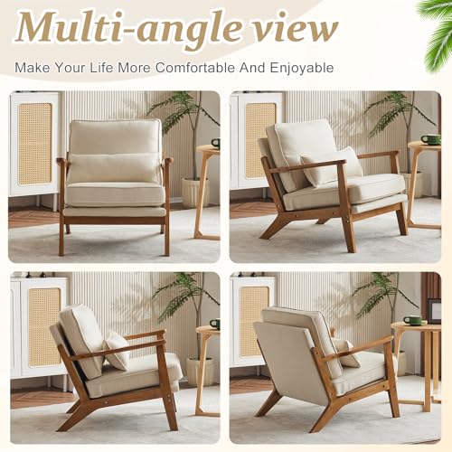 VINGLI Solid Wood Wide Armrests Accent Chair,Upholstered Mid Century Modern Chair with Pillow,Comfy Reading Chair Farmhouse Arm Chair,Chairs Living Room,Bedroom,Guest Room,Linen Fabric,Beige