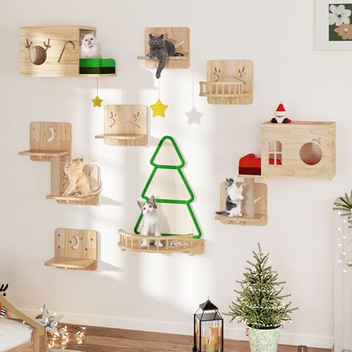 Cat Wall Shelves and Perches, Solid Wood Wall Mounted Cat Furniture, Set of 13 Cat Climbing Shelves with Moon Hammock, House, Wall Ladder, Scratching Post and Cat Tunnel