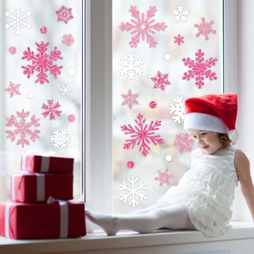 Whaline 9 Sheet Glitter Snowflake Winter Window Clings Christmas Blue White Snowflake Reusable Window Decals for Xmas Holiday Home School Office Glass Decor