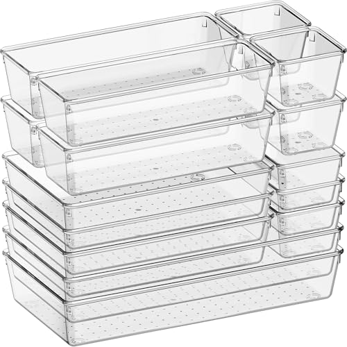 Criusia 26 Pack Large Clear Plastic Drawer Organizer Bins -5 Size Heavy Duty Acrylic Kitchen Drawer Organizers and Storage for Utensils -Bathroom Drawer Organizer Trays for Makeup Office Organization