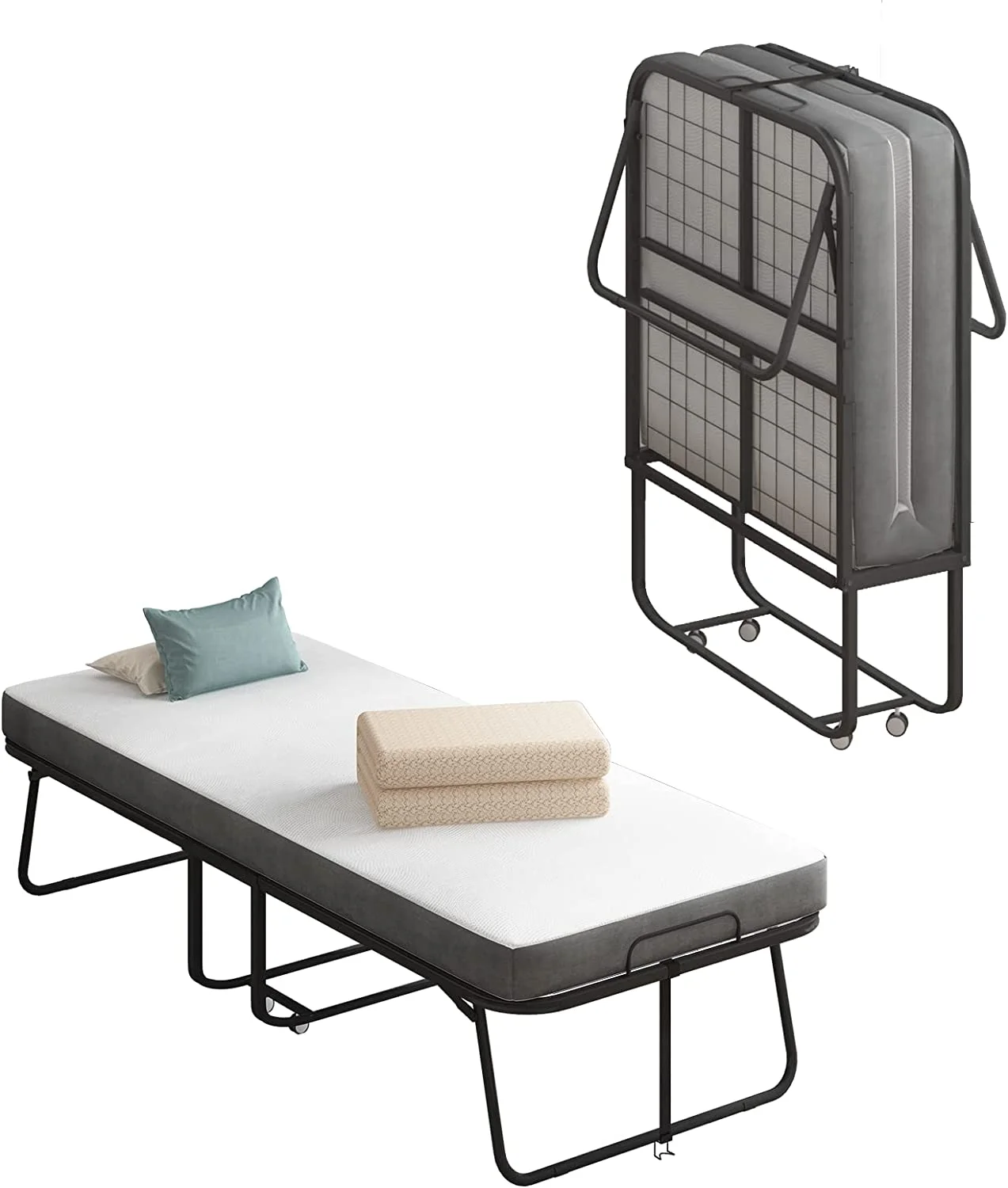 Magnificent Bed with 4 Inch Mattress Rollaway Folding Guest Bed Fold Up Bed with Lockable Wheels Space Saving Foldable Bed Portable Bed Rollaway Bed with Folding Mattress for Adults 75 x