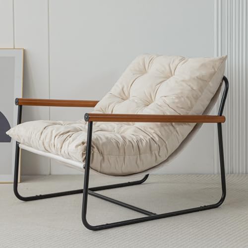 MAXYOYO Accent Chair, Velvet Arm Chair Living Room Chair with Metal Frame, Reading Accent Chair, Modern Bedroom Chair, Boucle Armchair with Wooden Arms, Beige