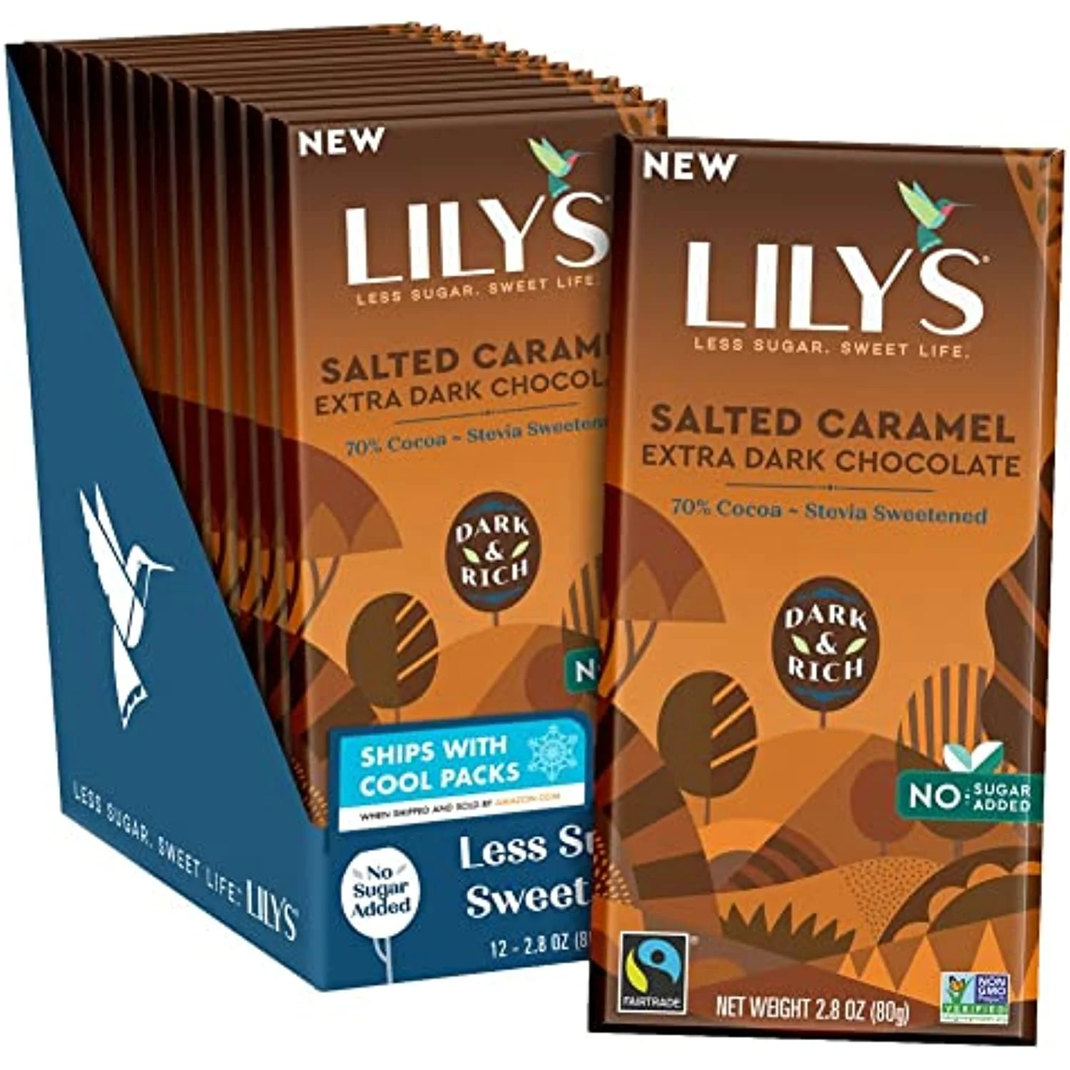 Extra Dark Salted Caramel Chocolate Bar by Lily's Made with Stevia, No Added Sugar, Low-Carb, Keto Friendly 70% Cocoa Fair Trade, Gluten-Free & Non-GMO 2.8 ounce, 12-Pack