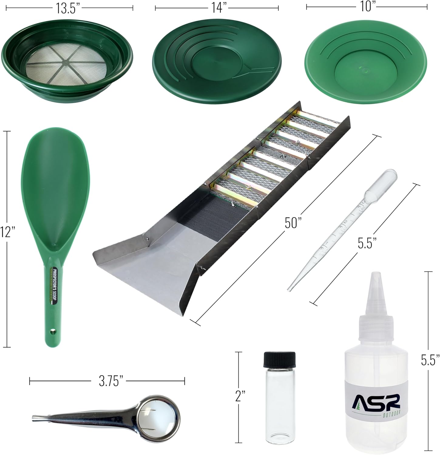 ASR Outdoor 50 Inch Folding Sluice Box and Classifier Screens, 16pc Gold Prospecting Equipment Kit All in One
