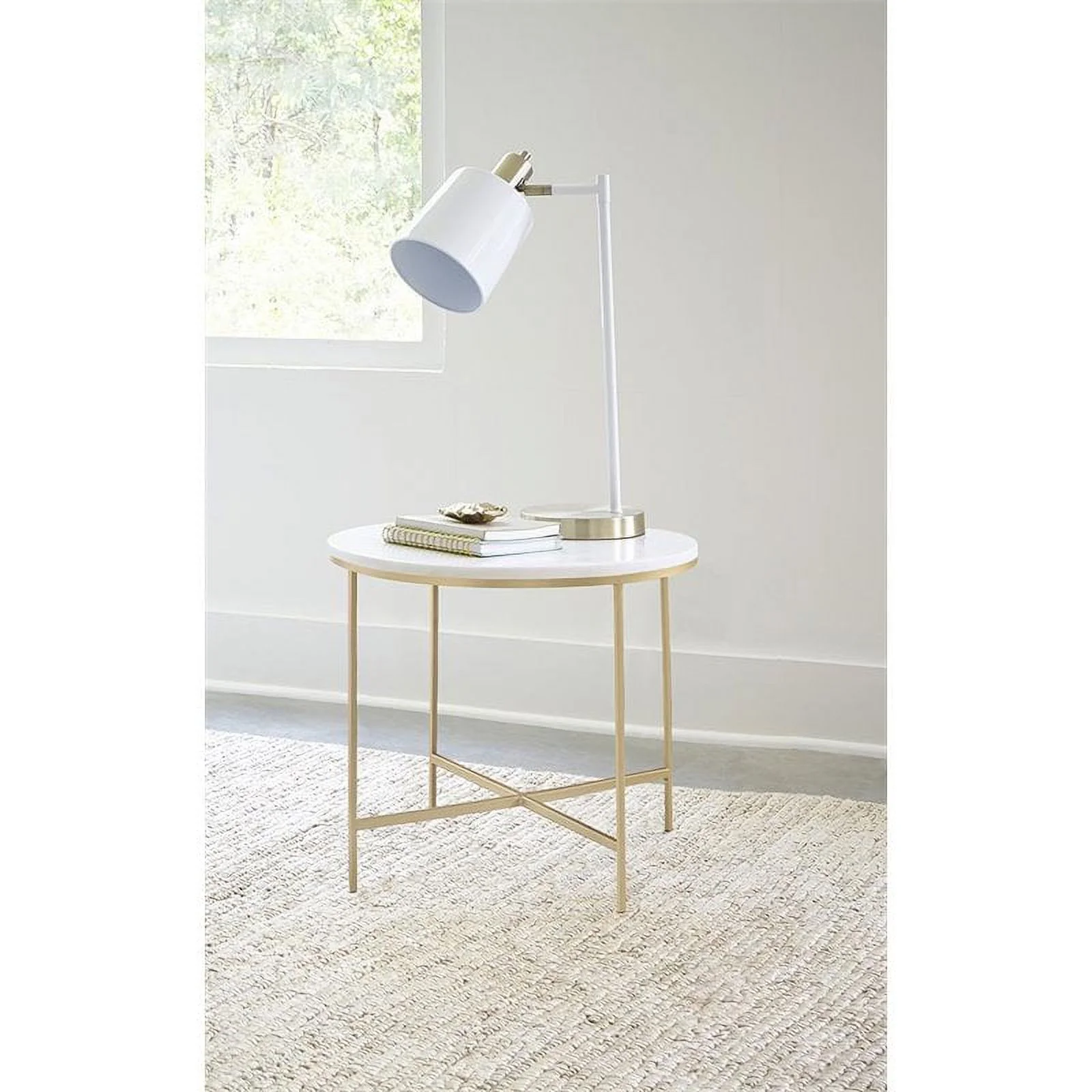 Pemberly Row Round Marble Top with X-Cross Base End Table in White and Gold