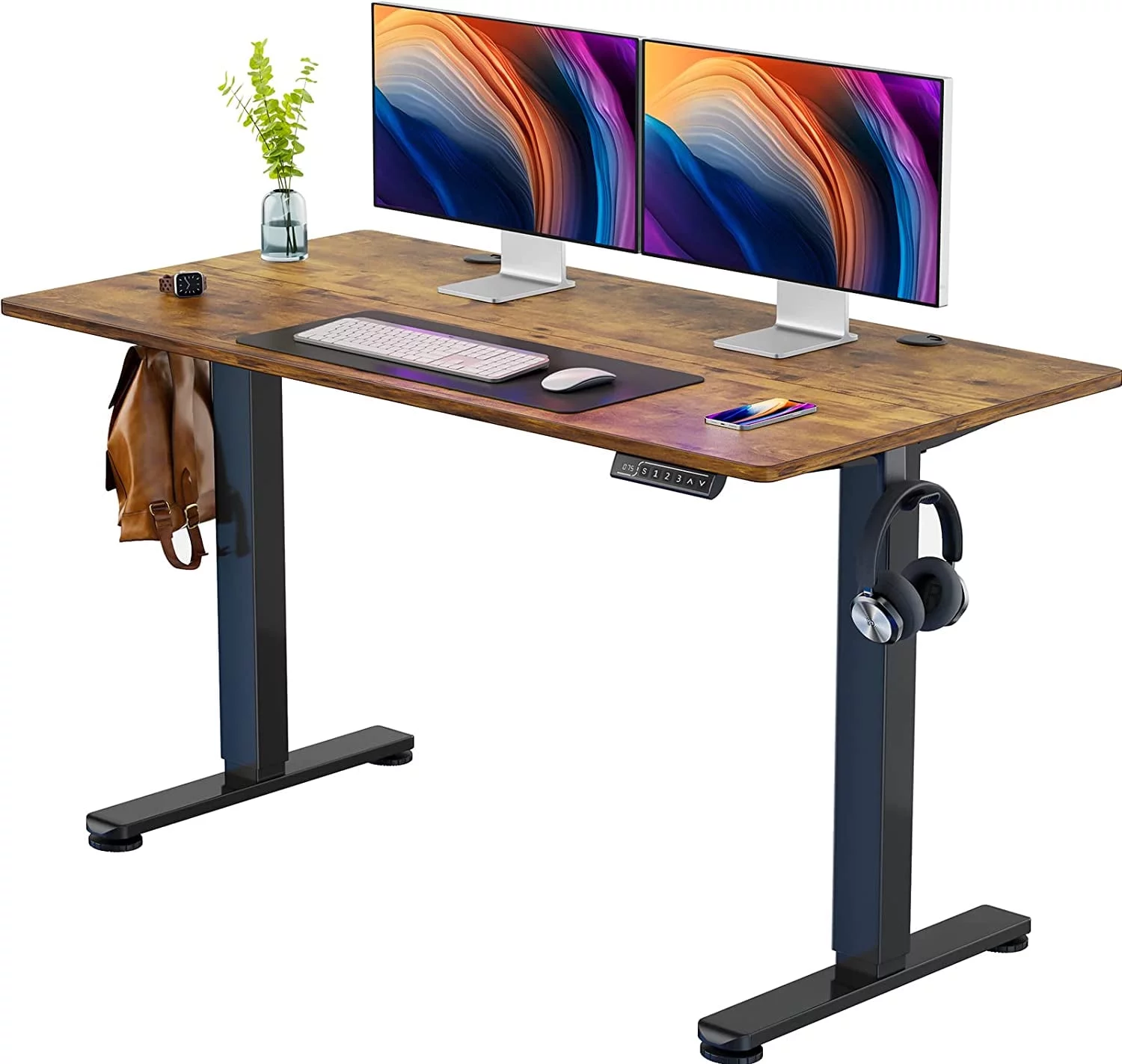 Height Adjustable Electric Standing Desk, 55 x 28 Inches Sit Stand up Desk, Memory Computer Home Office Desk, Vintage Brown