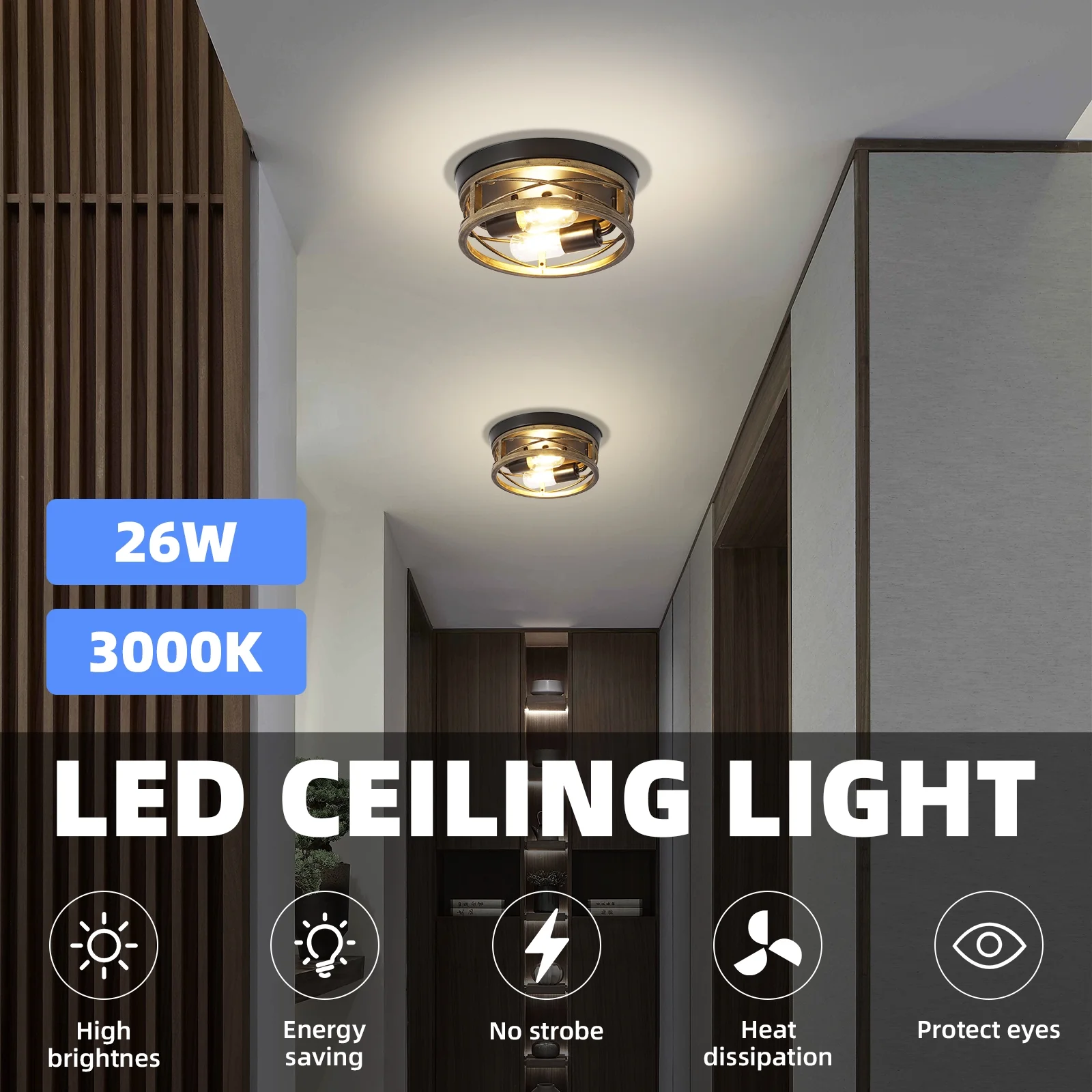 2-Light Flush Mount Ceiling Light Fixture 24cm Bronze Round Retro Iron Art Metal Ceiling Light Fixture for Bedroom Living Room Dining Room Kitchen Porch