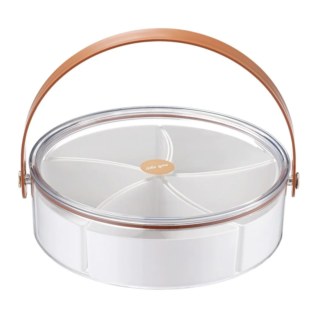Portable 5-Compartment Organizer Tray with Lid and Handle, Snack Platters Charcuterie Box, Clear Appetizer Serving Container for Candies, Fruits, and Nuts, Party Food Storage Solution