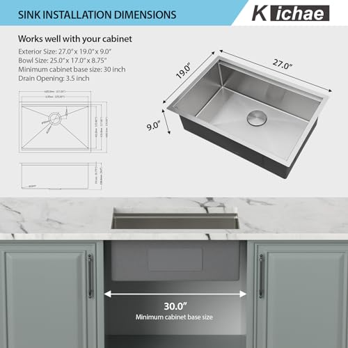 Kichae 12“ Deep Laundry Sink Undermount - 24 Inch Black Undermount Utility Sink Stainless Steel Single Bowl Under Counter Handmade Laundry Utility Room Basin