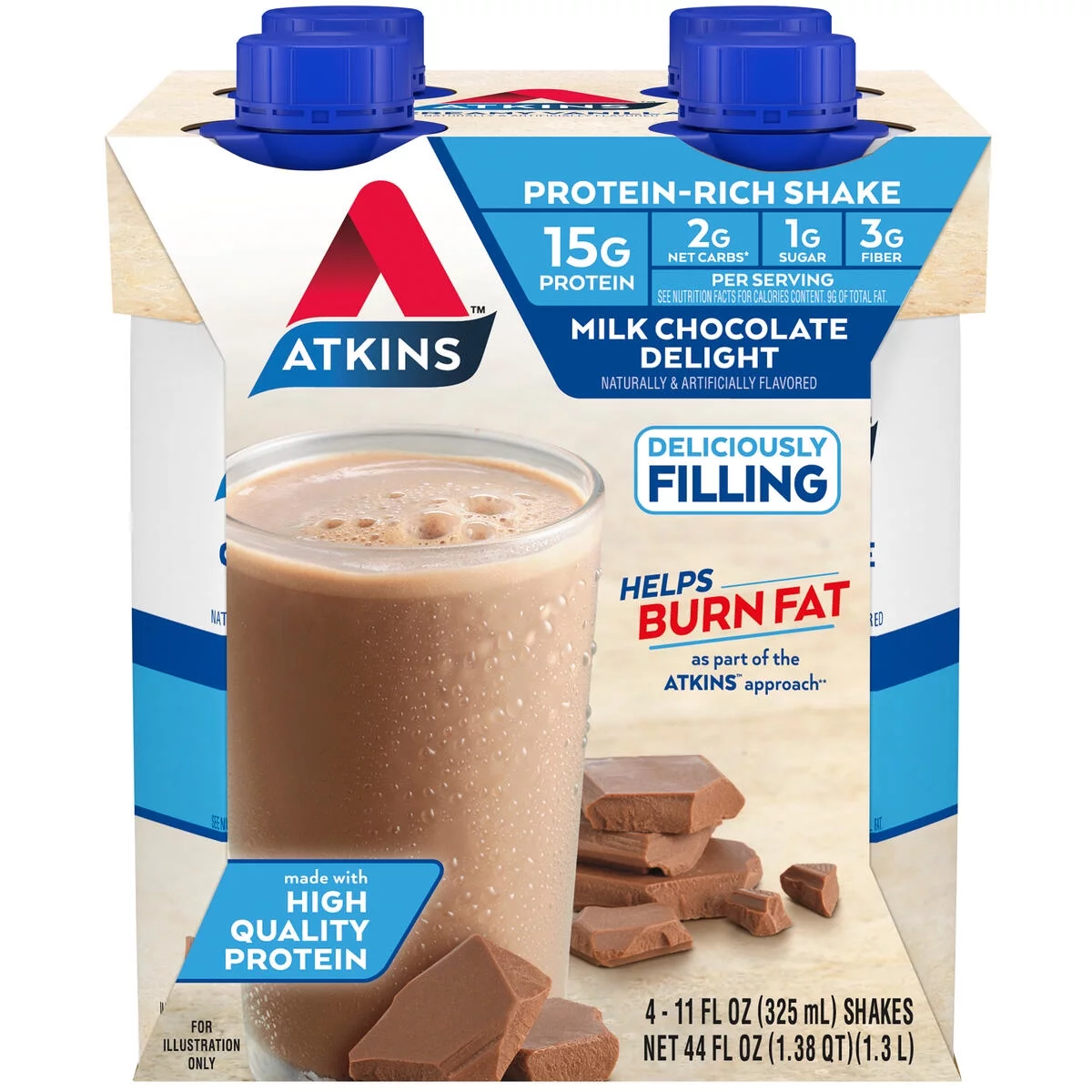 (3 pack) Atkins Milk Chocolate Delight Protein Shake, High Protein, Low Carb, Low Sugar, Keto, Gluten Free, 4 Ct