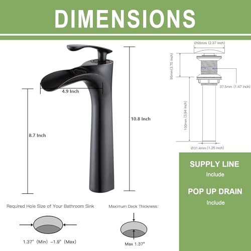 Bathroom Vessel Sink Faucet, Waterfall Oil Rubbed Bronze Bathroom Faucet, Vessel Faucet, Tall Body 1 Hole Single Handle with Pop Up Drain Combo Vanity Mixer Tap Basin Bowl Sink