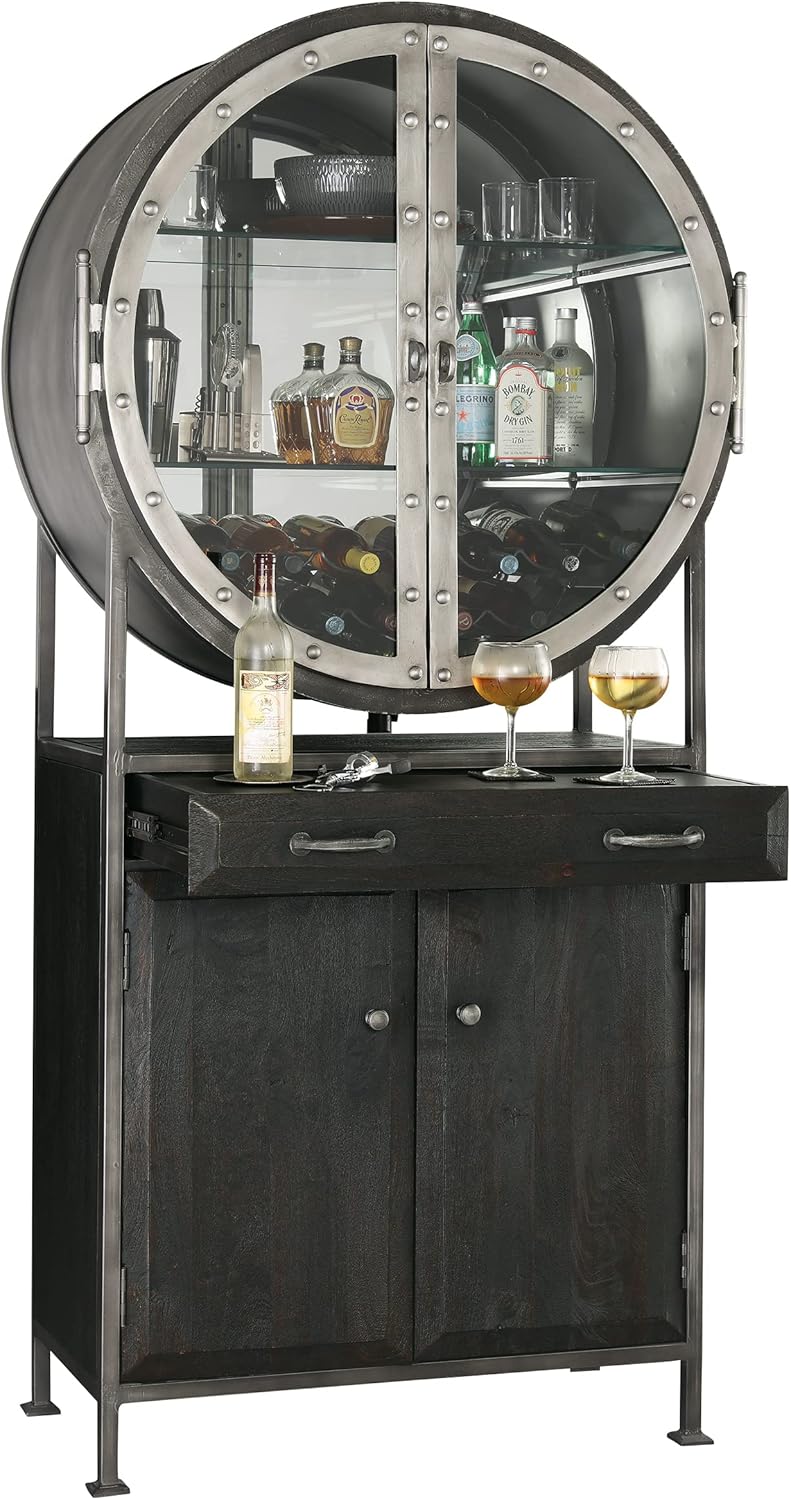 Howard Miller Rob Roy II Wine & Bar Cabinet 695-237 – Aged Mocha Finish, Aged Iron Finished Metal Frame, Home Liquor Storage, Metal Stemware Rack, 19-Bottle Wine Rack