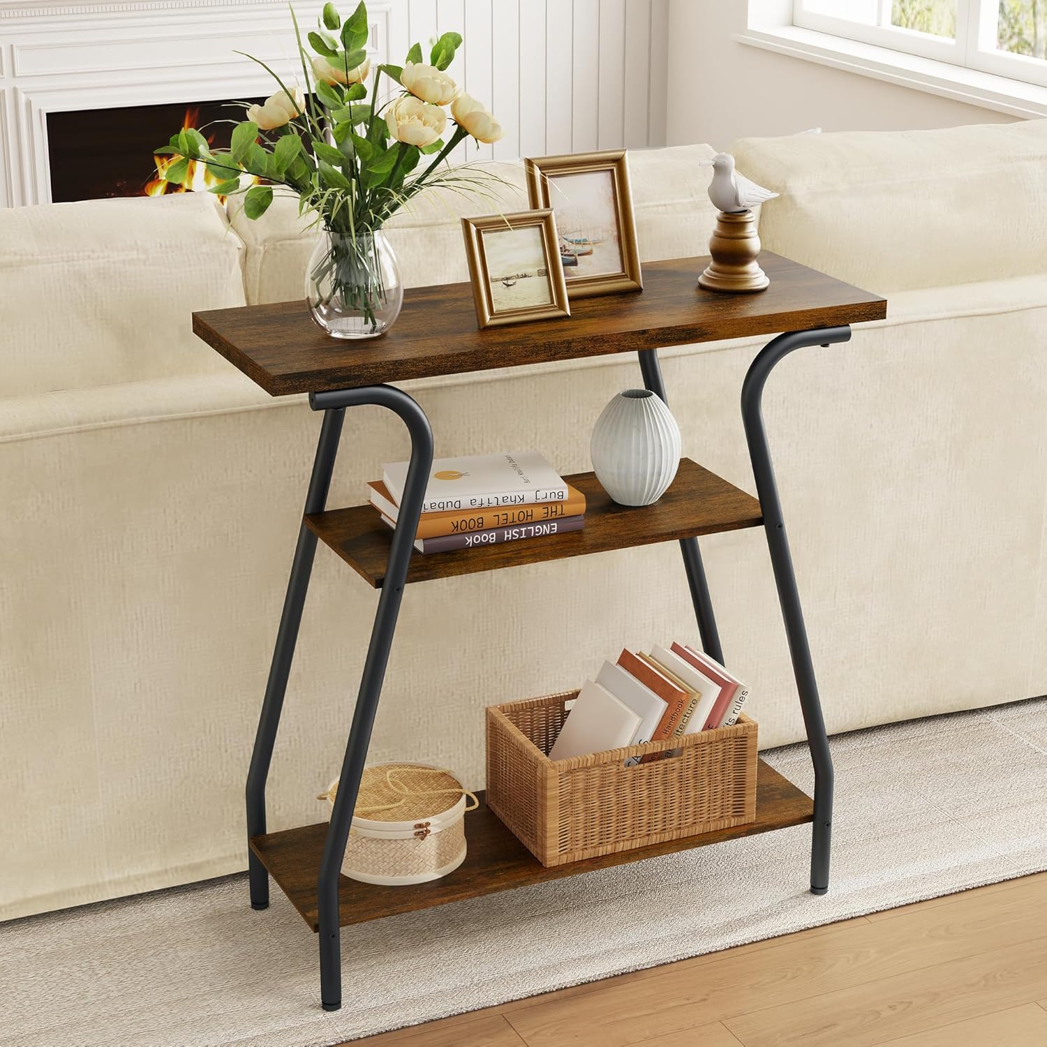 Narrow Console Table, 3 Tier Entryway Table with Storage Shelves, Industrial Farmhouse Sofa Table with Curved Frame for Living Room, Entry Way, Hallway, Foyer, Front Door, Couch, Office