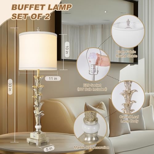 33'' Touch Control Table Lamp Set of 2, 3-Way Dimmable Buffet Lamps with USB A+C Ports and White Shade, Silver Leaf Finish Nightstand Lamps for Living Room Bedroom Office Study Dinning (Bulb Included)