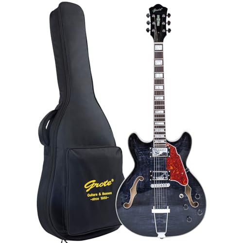 GROTE Jazz Electric Guitar Semi-Hollow Body Trapeze Tailpiece Bridge Guitar Gig Bag (Black)