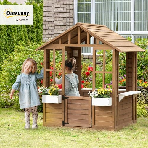 Outsunny Kids Wooden Playhouse, Outdoor Garden Games Cottage, with Working Door, Windows, Flowers Pot Holder, 47