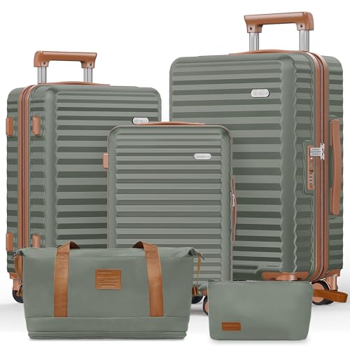 SHOWKOO Luggage Sets 3 Piece Hardside Expandable Suitcase with Double Spinner Wheels Tsa Lock, (Beige White, 5 piece set)
