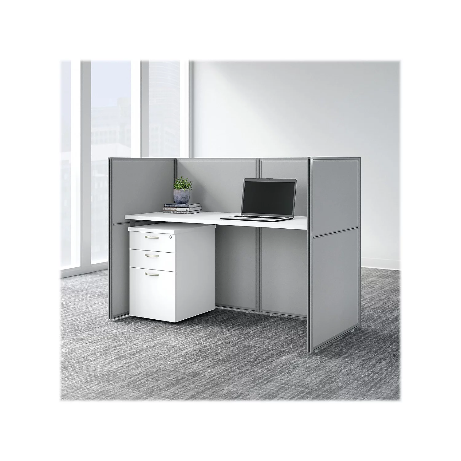 Easy Office Cubicle Desk Set with 45H Closed Panels in White - Engineered Wood