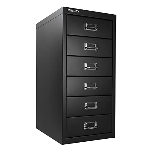 Bisley 10-Drawer Steel MultiDrawer Cabinet - Black, Chrome Pull Handles with Label Holders, Powder-Coated Steel, Removable Drawers, Fits Under Most Desks, Labels Included