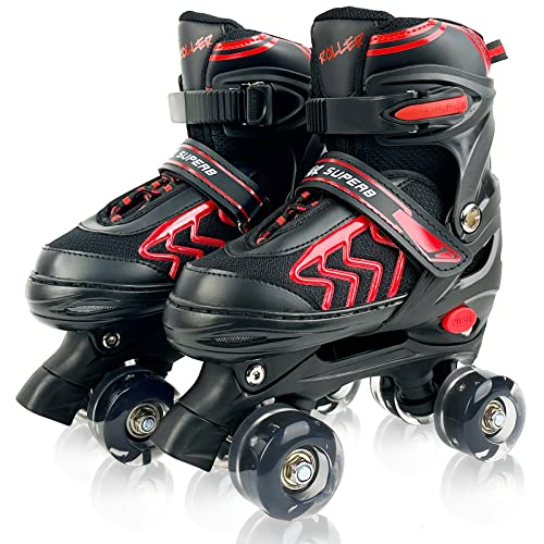 Kids Roller Skates for Boys Girls Child, Adjustable 4 Sizes Roller Skates for Kids and Youth with Light Up Wheels, Quad Black & Red Roller Skates for Sports