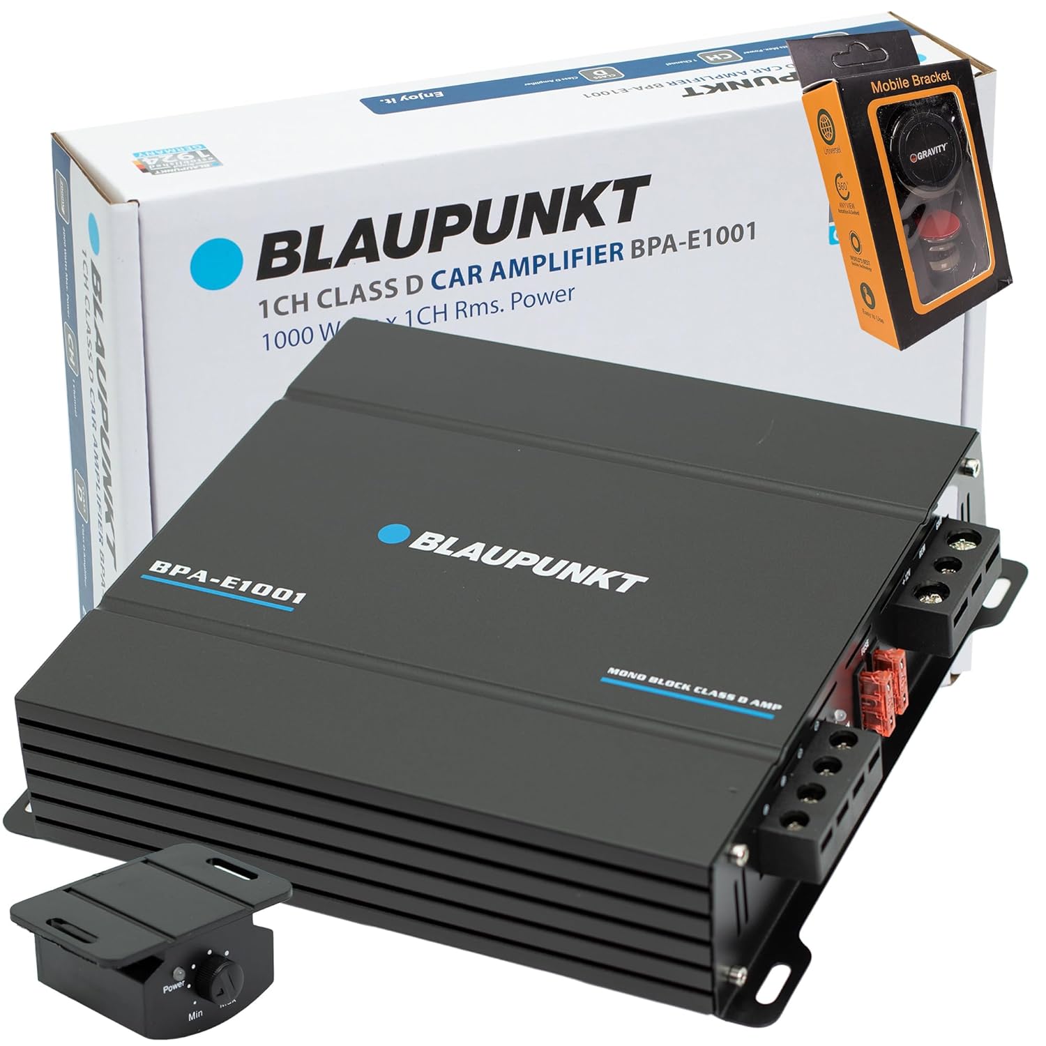 Blaupunkt BPA-E1001 1-Channel Class D Monoblock Amplifier 2000W Max - Deep Bass, High Efficiency, Compact Design Bundle with Gravity Magnet Phone Holder