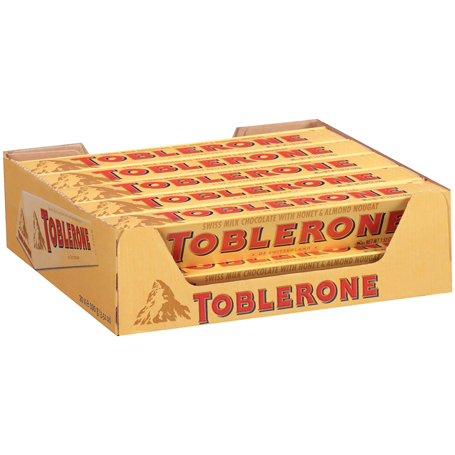 Toblerone Swiss Milk Chocolate with Honey & Almond Nougat, 3.52 Ounce Bars (Pack of 20)