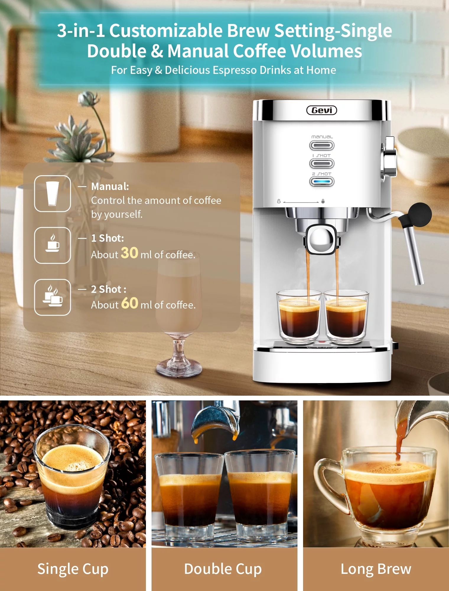 Gevi Espresso Machine 20 Bar Automatic Coffee Maker with Milk Frother Wand, 40.58 oz, New, White