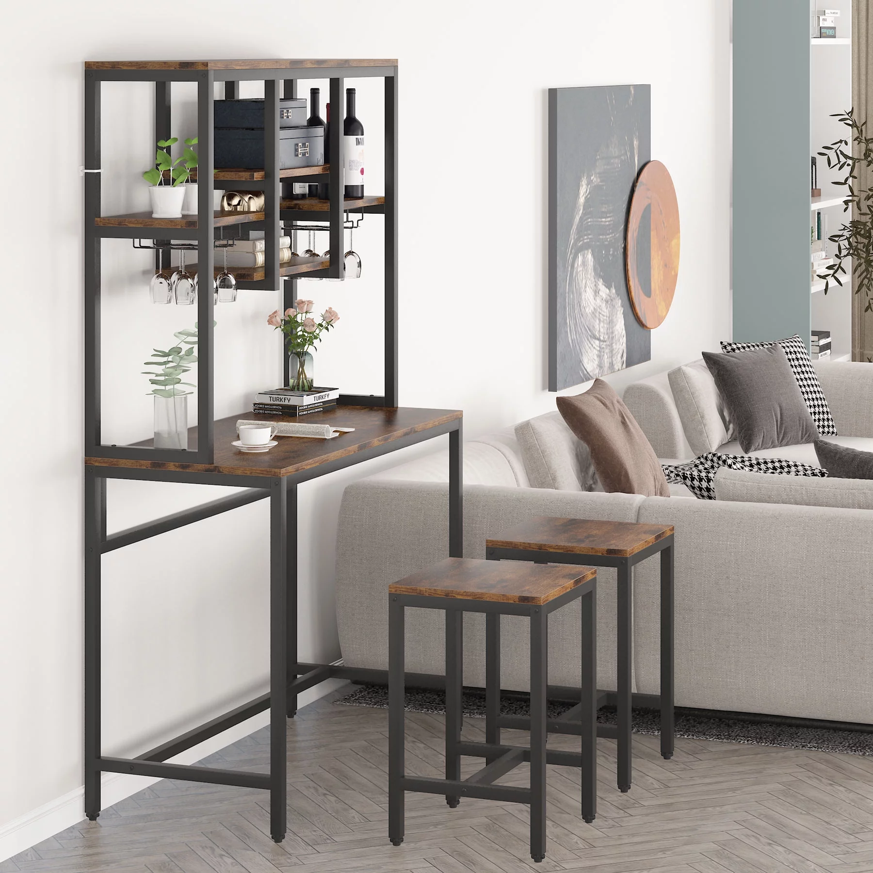 Bar Table Set, Pub Table and Chairs Set of 2, Industrial Wine Rack Table with Glass Holder and Storage