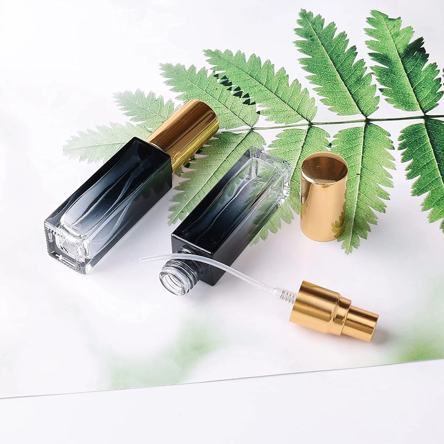 Mini Square Spray Bottle 45pcs 10ml Glass Empty Spray Refillable Perfume Bottle Fine Mist Liquid Dispenser for Makeup Skin Care (Gold Cap)