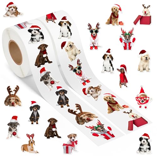 Christmas Dog Sticker Rolls - 1000Pcs Cute Christmas Hat Puppy Vinyl Stickers for Kids Adults, Funny Xmas Realistic Dog Decals Gifts for Holiday Party Birthday Home Decor Skateboard Guitar