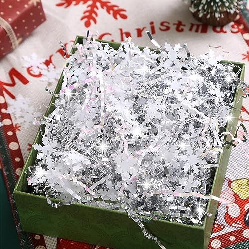PAPER FAIR 1LB Metallic Red Green Christmas Crinkle Cut Paper Shred Filler w/Tree & Snowflake Confetti, Gift Wrap Packaging Raffia Tissue Strand, Craft Bedding Cushion, Winter Birthday Box Basket