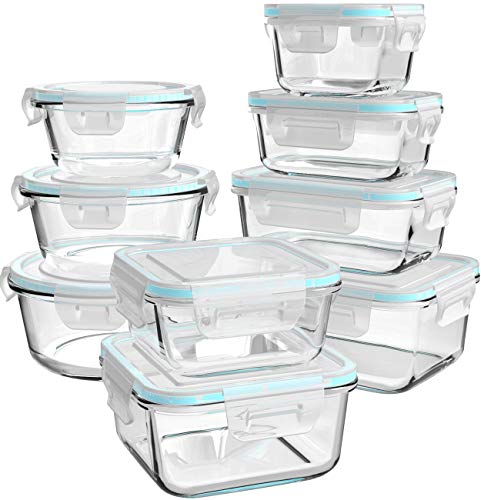 Glass Food Storage Containers with Lids, [18 Piece] Meal Prep Containers for Food Storage , BPA Free & Leak Proof (9 Lids & 9 Containers)