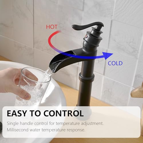 Vessel Sink Faucet, Oil Rubbed Bronze Black Bathroom Faucet, Farmhouse Waterfall Sink Faucet Single Hole with Pop Up Drain Assembly Without Overflow One Hole Mixer Tap Deck Mount