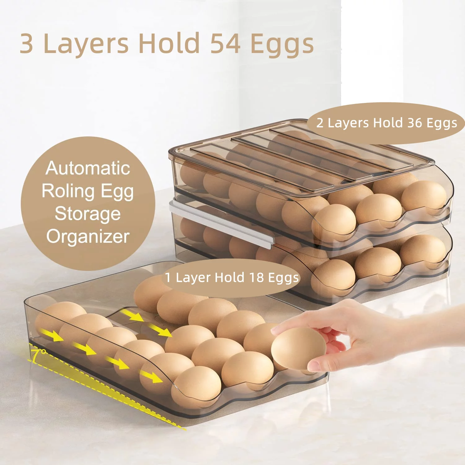 SUNFICON Large Capacity Auto Rolling Egg Holder for Refrigerator, Egg Fresh Storage Box for Fridge, Egg Storage Container Organizer Bin, Crystal Gray Plastic Storage Container (3 Layers)