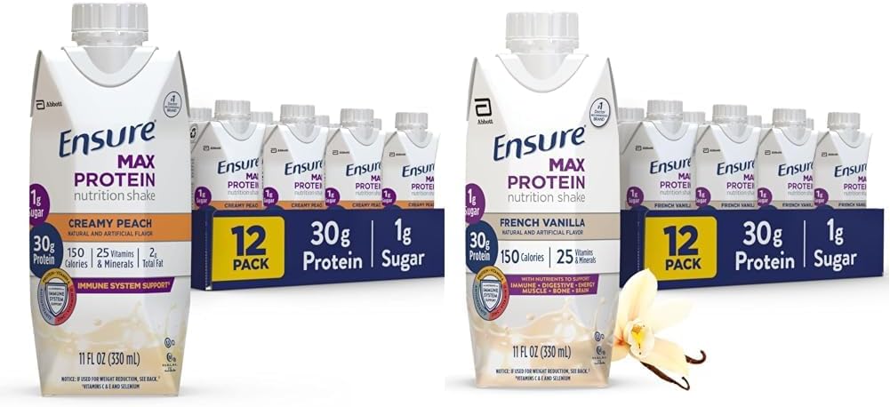 Ensure Max Protein Nutrition Shake with 30g Protein, 1g Sugar, High Protein Shake, Creamy Peach & French Vanilla, Liquid, 11 fl oz (Pack of 12)