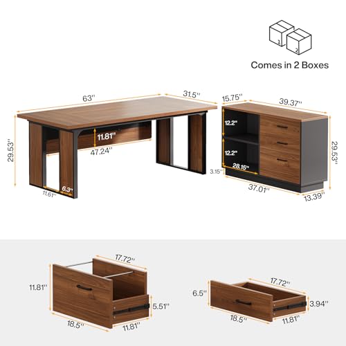 Tribesigns 63‘’ L-Shaped Executive Desk, Office Table with 47-Inch Drawers Cabinet, Large Computer Desk with Storage Shelves, Business Furniture Set for Home Office, Brown & Black