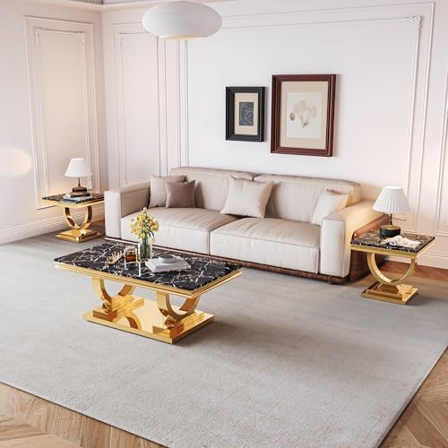 Marble Console Table with O-Shape Stainless Steel Base - Modern Faux Marble Rectangular Entryway Tables, Accent Table for Living Room, Hallway, Entrance - Gold & White