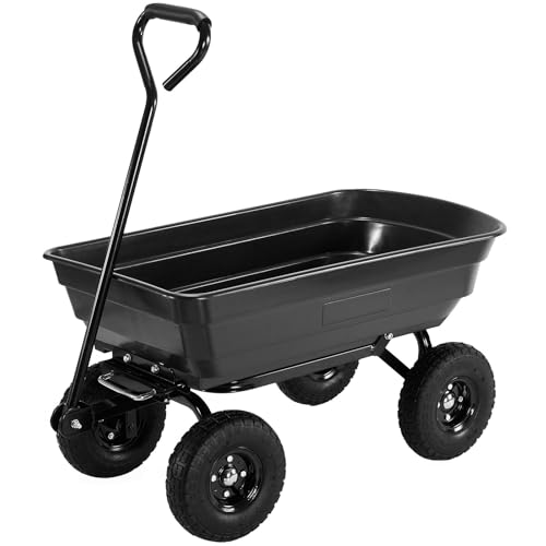 Garden Cart Utility Yard Cart with Steel Frame, 600 Pound Capacity Dump Wagon, and 10 Inch Tires for Lawn, Gardening, Construction - Black