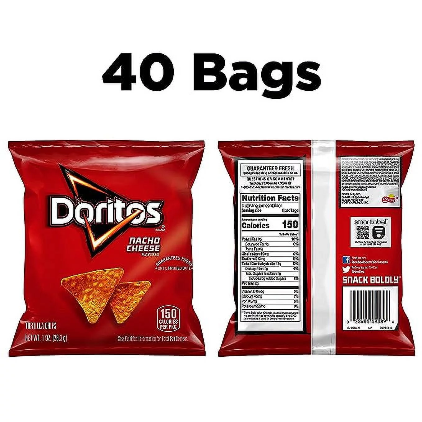 Doritos Nacho Cheese Flavored Tortilla Chips Snacks, 1 oz Bags, 40 Count Multipack