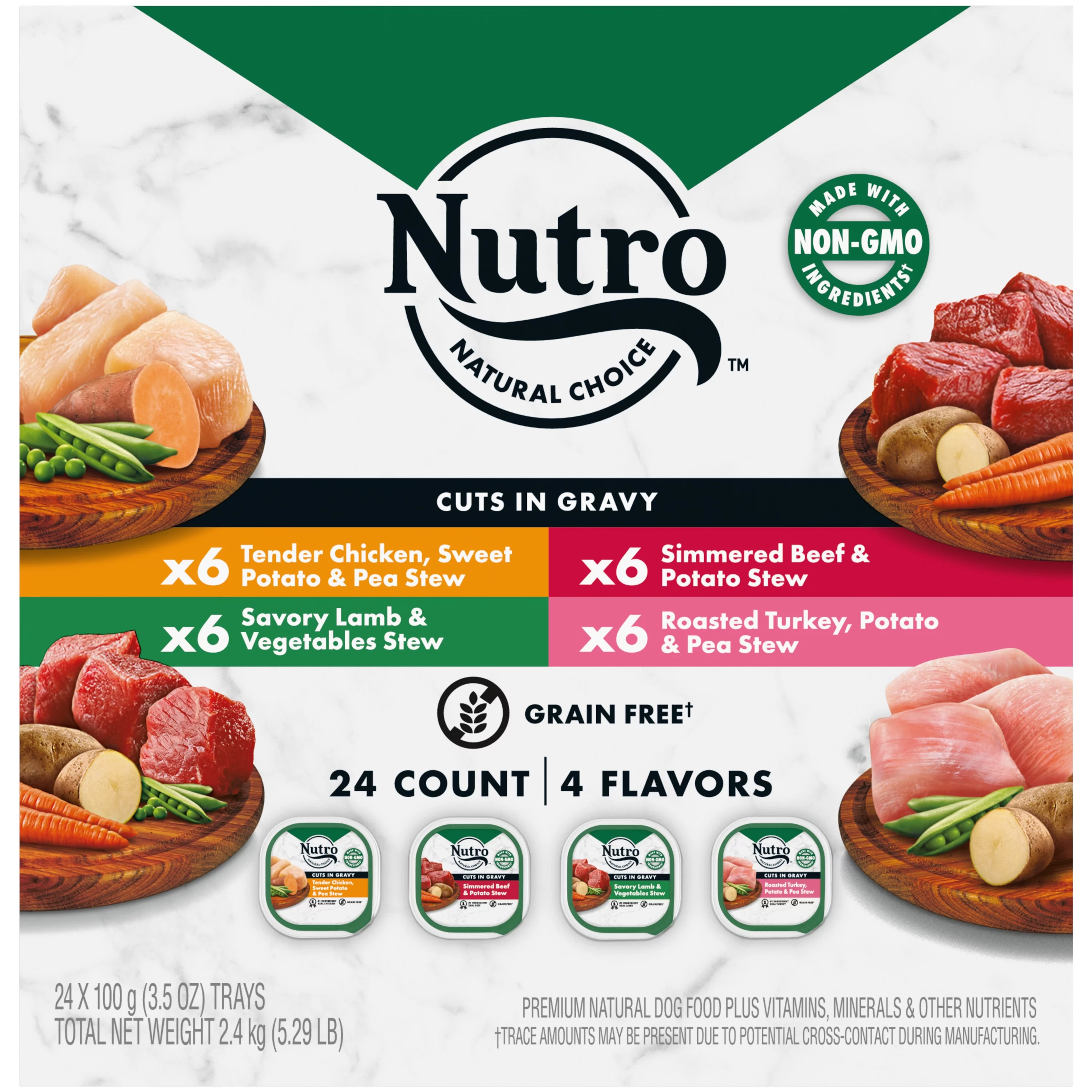 (24) Nutro Natural Grain Free Cuts in Gravy Beef, Lamb, Chicken, and Turkey Adult Wet Dog Food Variety Pack, 3.5 oz. Trays