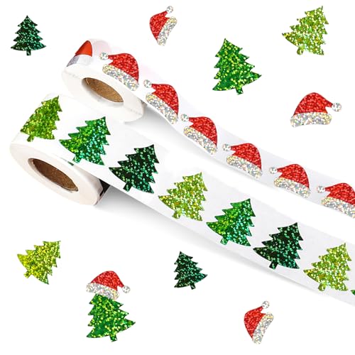 1000Pcs Christmas Roll Stickers Christmas Tree Label Tag Seal Sticker Self-Adhesive Santa Hat Winter Stickers Round Sparkly for Gifts, Party Decor, Envelope, Greeting Cards, 2 Rolls
