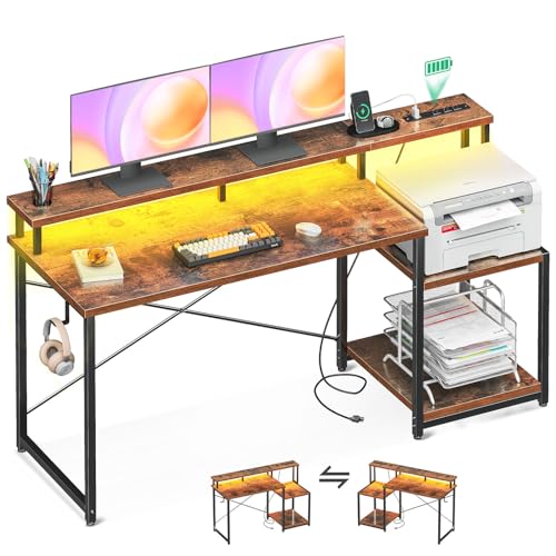 AODK Computer Desk, 48 Inch Gaming Desk with Led Lights & Power Outlet, Office Desk with Storage Shelves, Reversible Desk with Monitor Shelf & Headphone Hook, Carbon Fiber Black